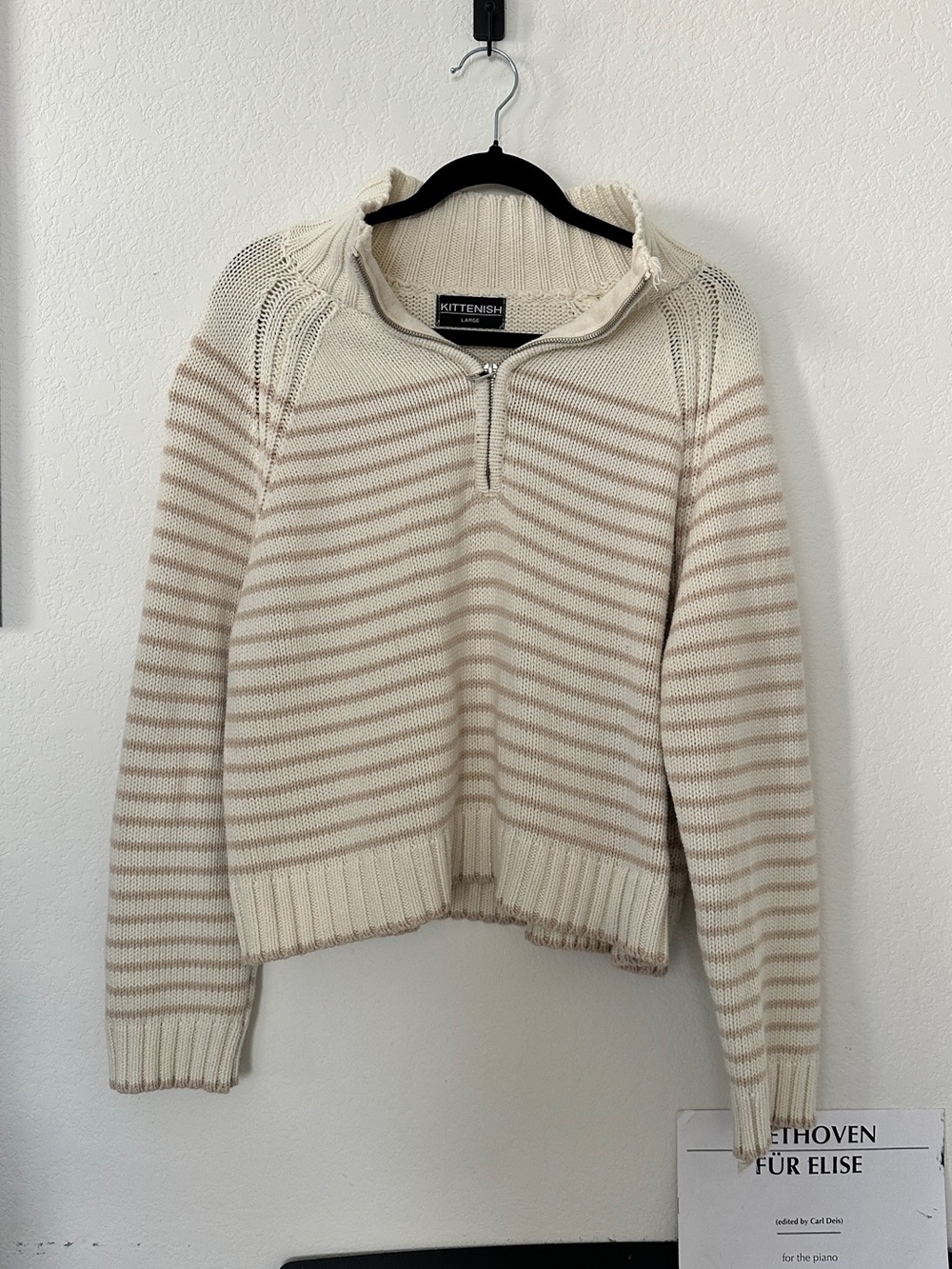 Kittenish Cream & Beige Striped Quarter-Zip Cropped Sweater Size L